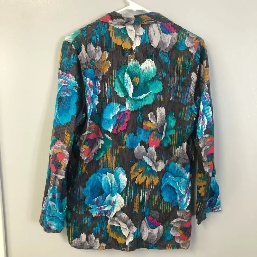 vintage blazer jewel tones large tropical foral  print light weight‎ sz 9-10